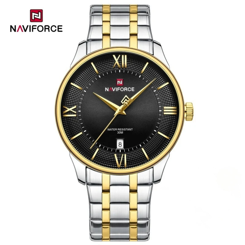 Naviforce Reloj Analógico Dorado Plateado con Correa de Acero Inoxidable Diámetro de 42 mm Calendario y Resistencia al Agua 3 ATM