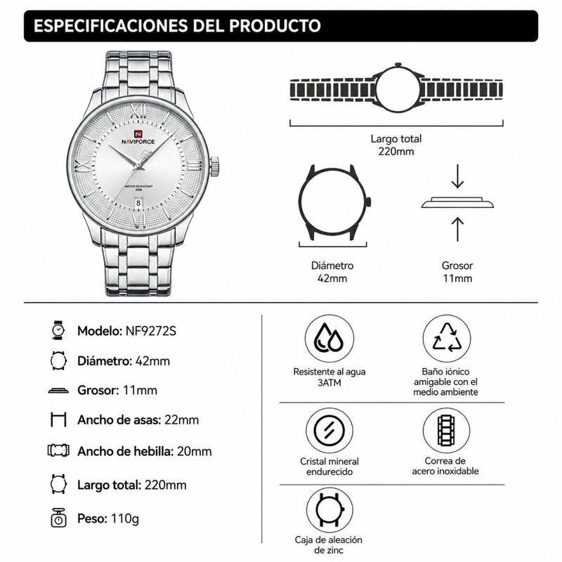 Naviforce Reloj Analógico Blanco con Correa de Acero Inoxidable Diámetro de 42 mm Calendario y Resistencia al Agua 3 ATM