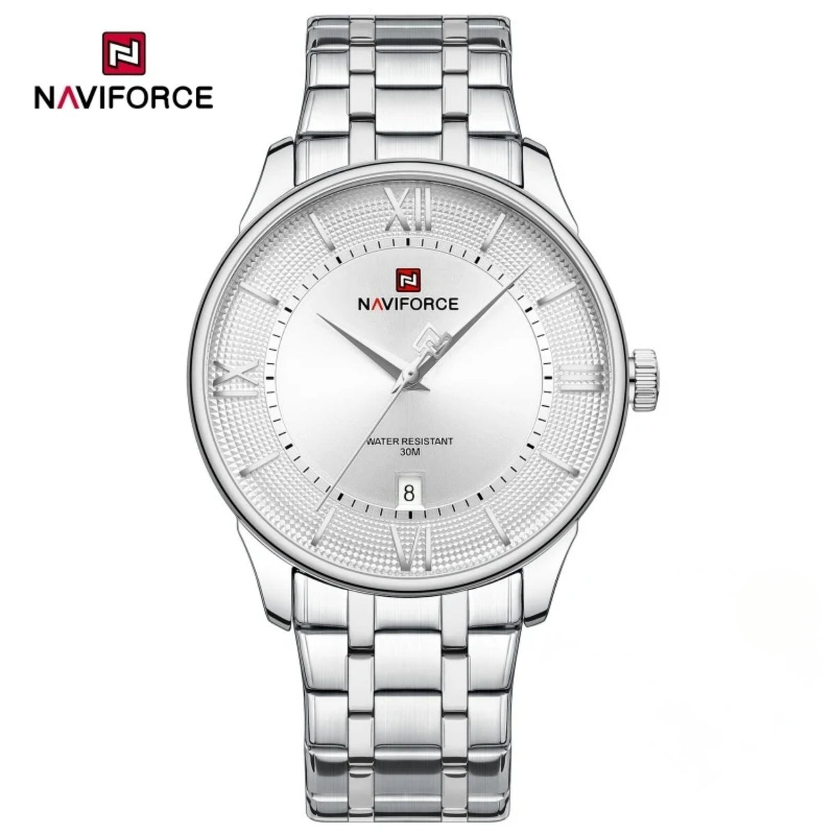 Naviforce Reloj Analógico Blanco con Correa de Acero Inoxidable Diámetro de 42 mm Calendario y Resistencia al Agua 3 ATM