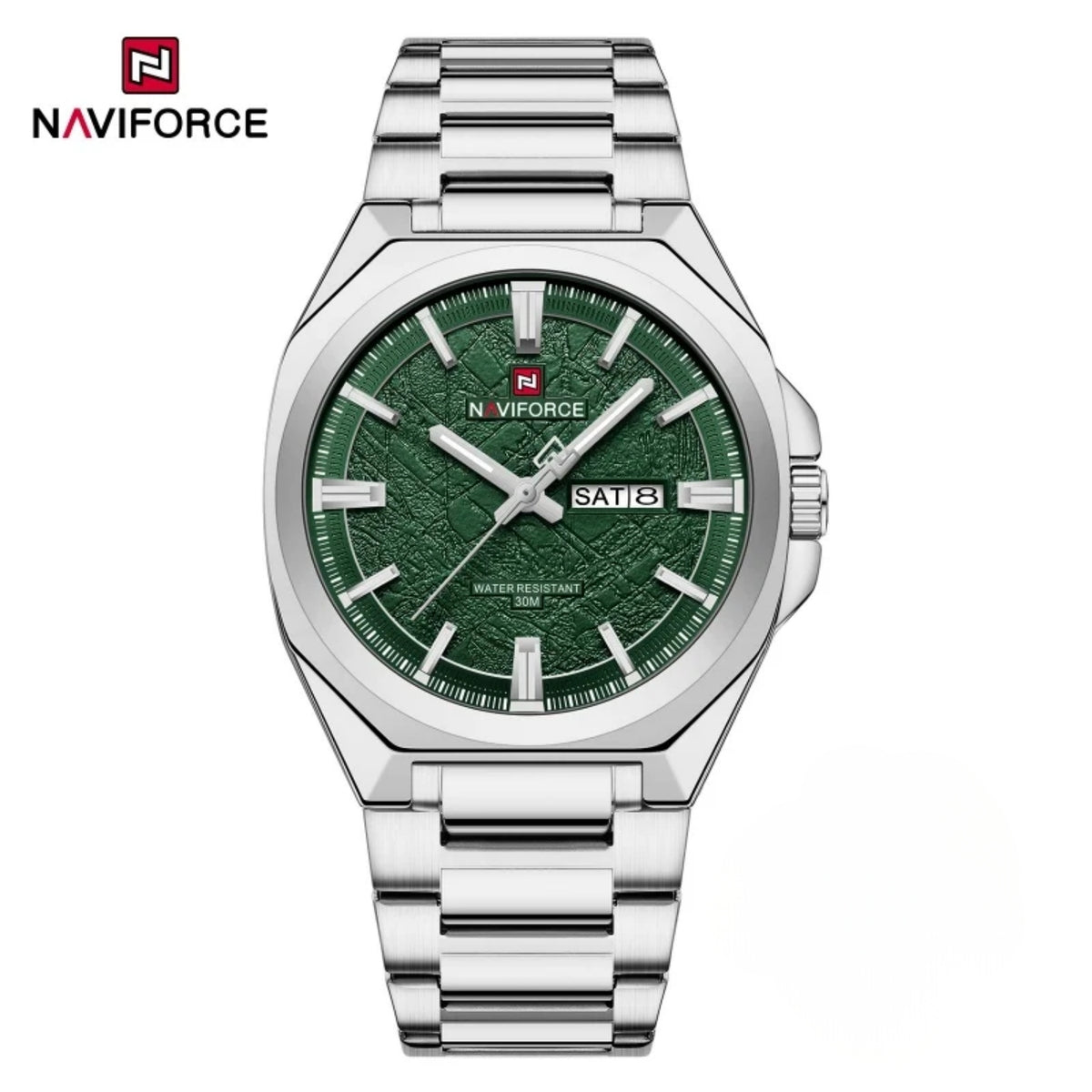 Naviforce Reloj Analógico Verde con Caja y Correa de Acero Inoxidable, Diámetro de 41 mm, Calendario y Resistencia al Agua 3 ATM.