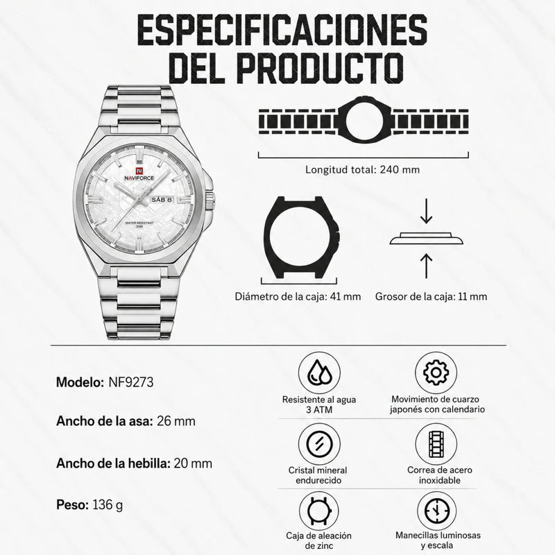 Naviforce Reloj Analógico Plateado con Caja y Correa de Acero Inoxidable, Diámetro de 41 mm, Calendario y Resistencia al Agua 3 ATM.