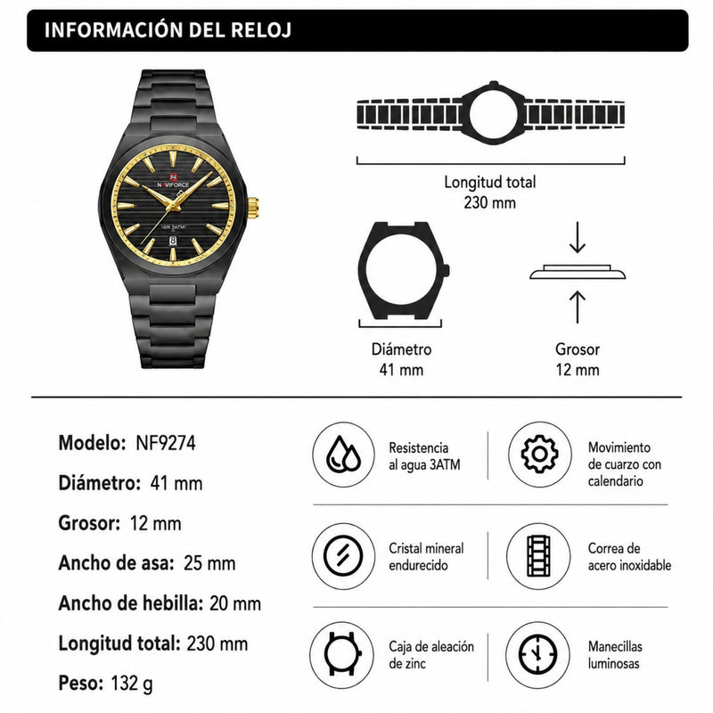 Naviforce Reloj Analógico Negro con Correa de Acero Inoxidable, Diámetro de 41 mm y Resistencia al Agua 3 ATM