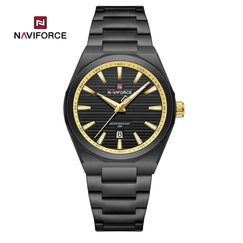 Naviforce Reloj Analógico Negro con Correa de Acero Inoxidable, Diámetro de 41 mm y Resistencia al Agua 3 ATM