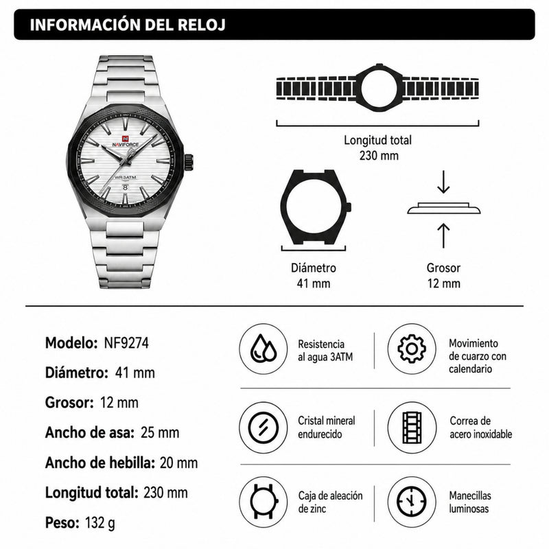 Naviforce Reloj Analógico Plateado Negro con Correa de Acero Inoxidable, Diámetro de 41 mm y Resistencia al Agua 3 ATM