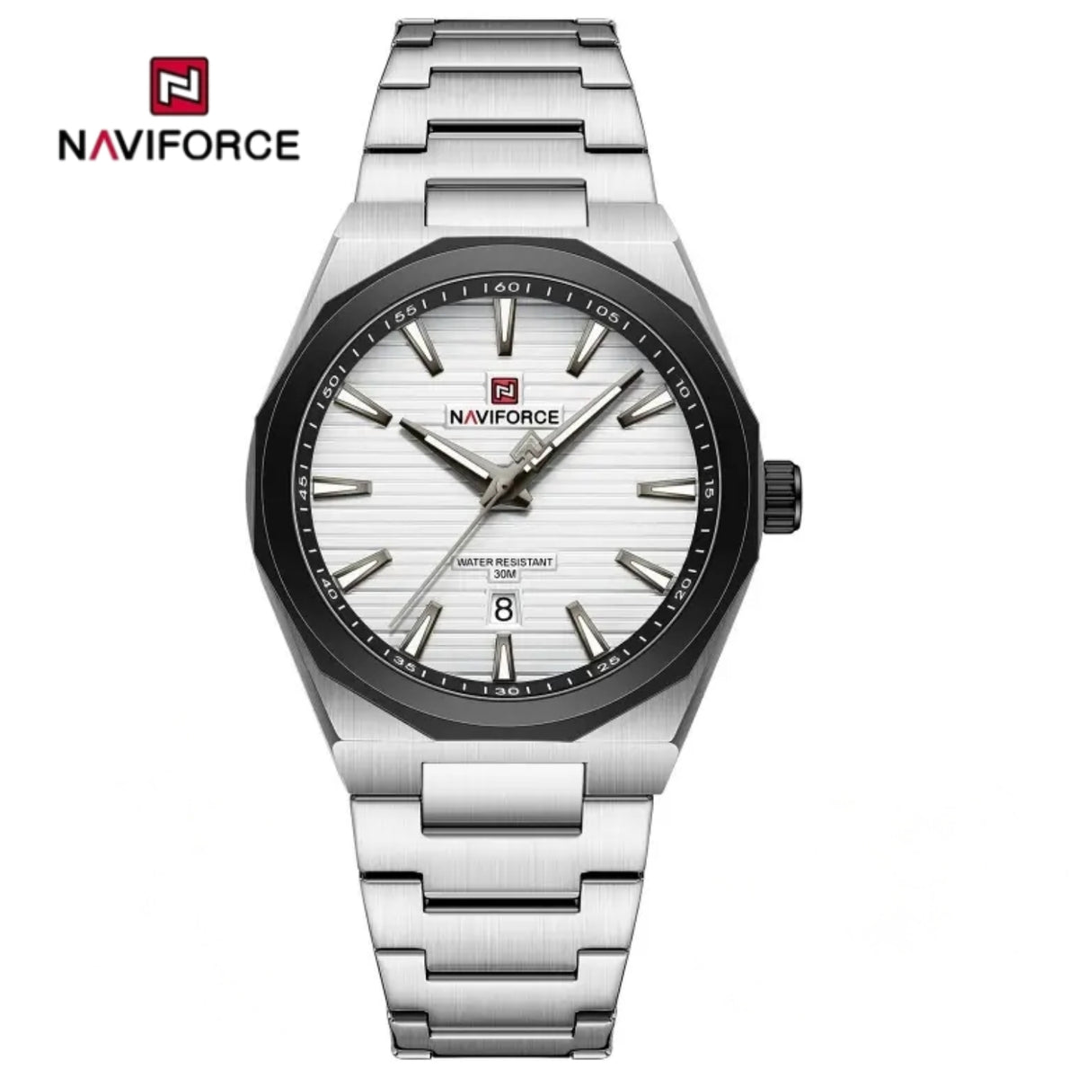 Naviforce Reloj Analógico Plateado Negro con Correa de Acero Inoxidable, Diámetro de 41 mm y Resistencia al Agua 3 ATM