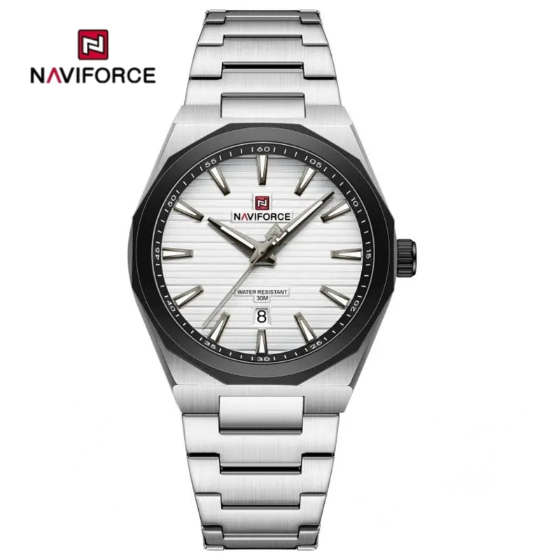 Naviforce Reloj Analógico Plateado Negro con Correa de Acero Inoxidable, Diámetro de 41 mm y Resistencia al Agua 3 ATM