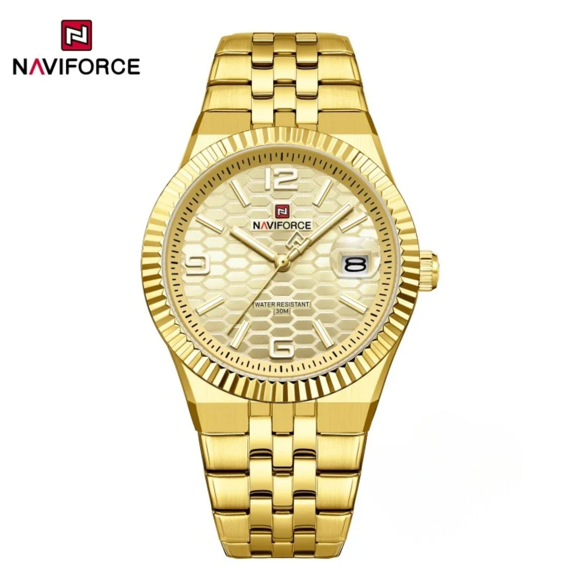 Reloj Naviforce de Cuarzo Color Dorado, Correa de Acero Inoxidable,Movimiento VX42 Seiko, Diámetro de 40 mm, Calendario y Resistencia al Agua 3 ATM.