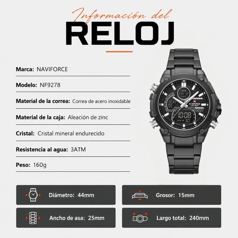 Naviforce Reloj Analógico Digital Negro con Correa de Acero Inoxidable, Diámetro de 44 mm y Resistencia al Agua 3 ATM.
