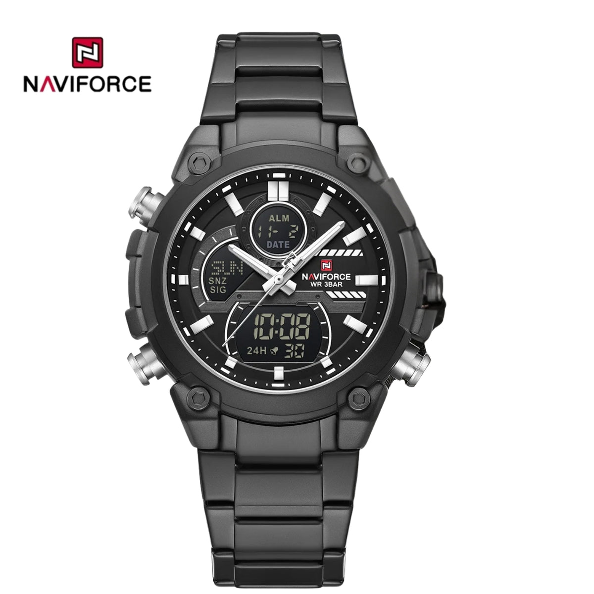 Naviforce Reloj Analógico Digital Negro con Correa de Acero Inoxidable, Diámetro de 44 mm y Resistencia al Agua 3 ATM.