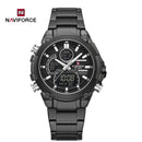 Naviforce Reloj Analógico Digital Negro con Correa de Acero Inoxidable, Diámetro de 44 mm y Resistencia al Agua 3 ATM.