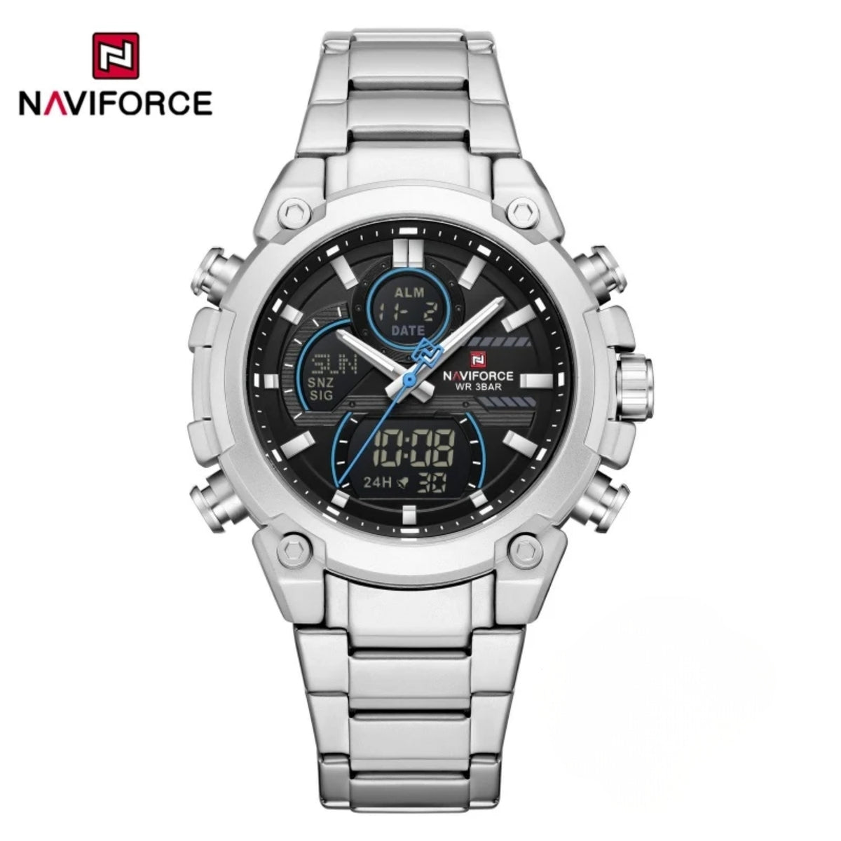 Naviforce Reloj Analógico Digital Plateado Negro con Correa de Acero Inoxidable, Diámetro de 44 mm y Resistencia al Agua 3 ATM.