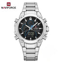 Naviforce Reloj Analógico Digital Plateado Negro con Correa de Acero Inoxidable, Diámetro de 44 mm y Resistencia al Agua 3 ATM.
