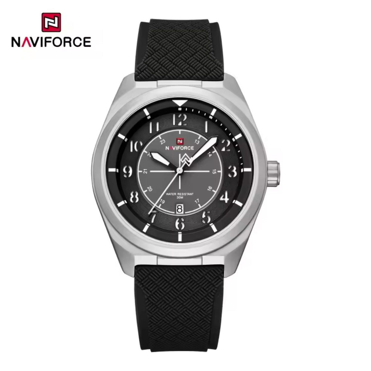 Reloj Naviforce de Cuarzo Color Negro con Calendario, Correa de Silicona, Movimiento Japonés Seiko AX32, Diámetro de 44 mm y Resistencia al Agua 3 ATM