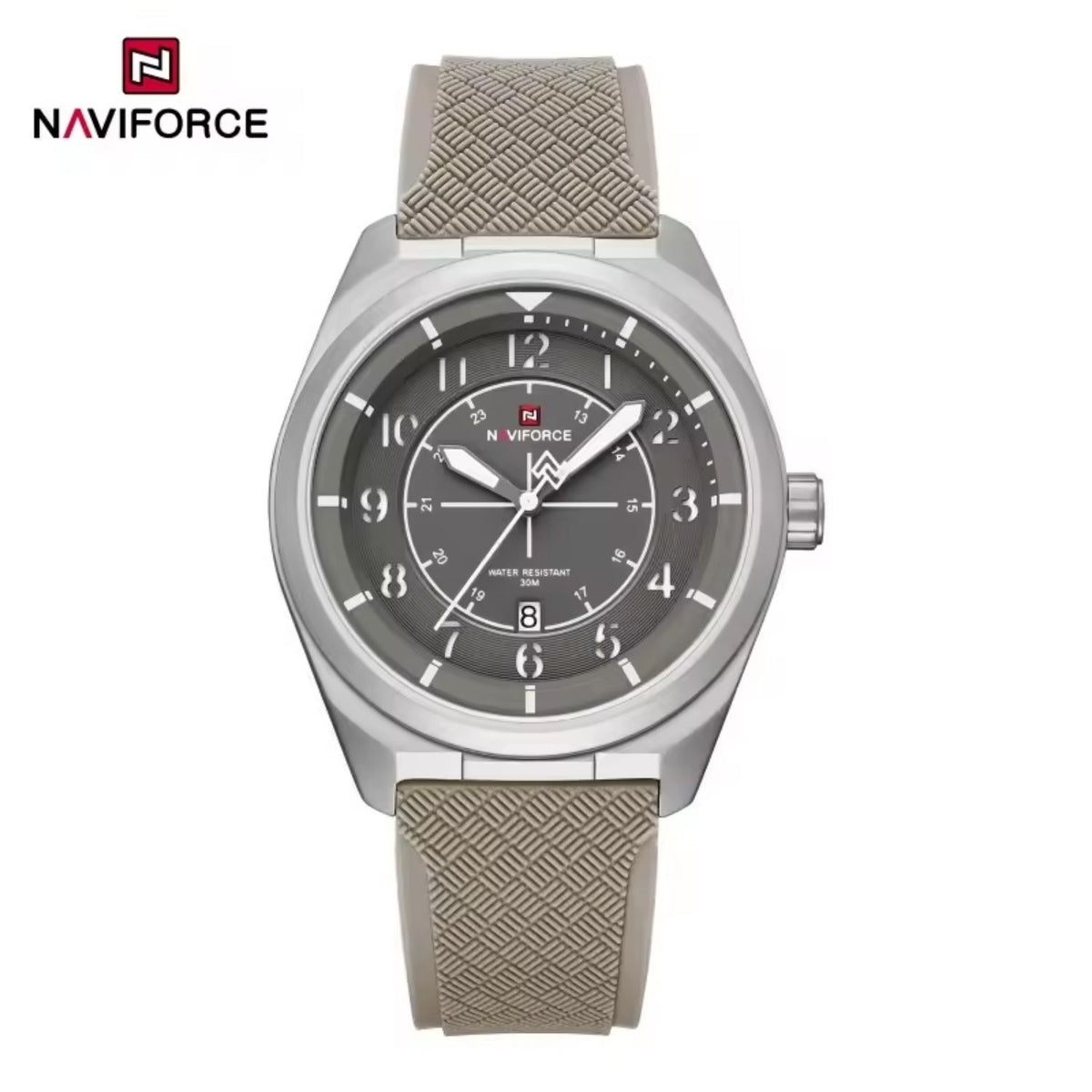 Reloj Naviforce de Cuarzo Color Beige con Calendario, Correa de Silicona, Movimiento Japonés Seiko AX32, Diámetro de 44 mm y Resistencia al Agua 3 ATM