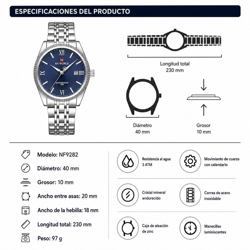Reloj Naviforce de Acero Inoxidable Color Plata Azul con Movimiento Japonés Seiko VX32, Calendario, Diámetro de 40 mm y Resistencia al Agua 3 ATM