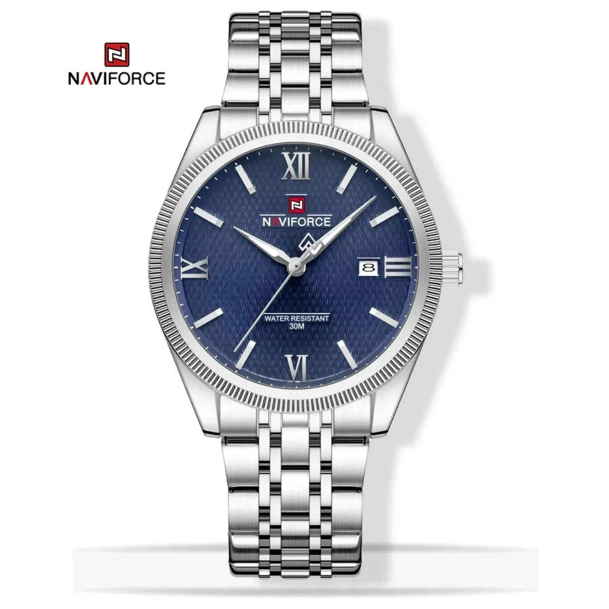 Reloj Naviforce de Acero Inoxidable Color Plata Azul con Movimiento Japonés Seiko VX32, Calendario, Diámetro de 40 mm y Resistencia al Agua 3 ATM