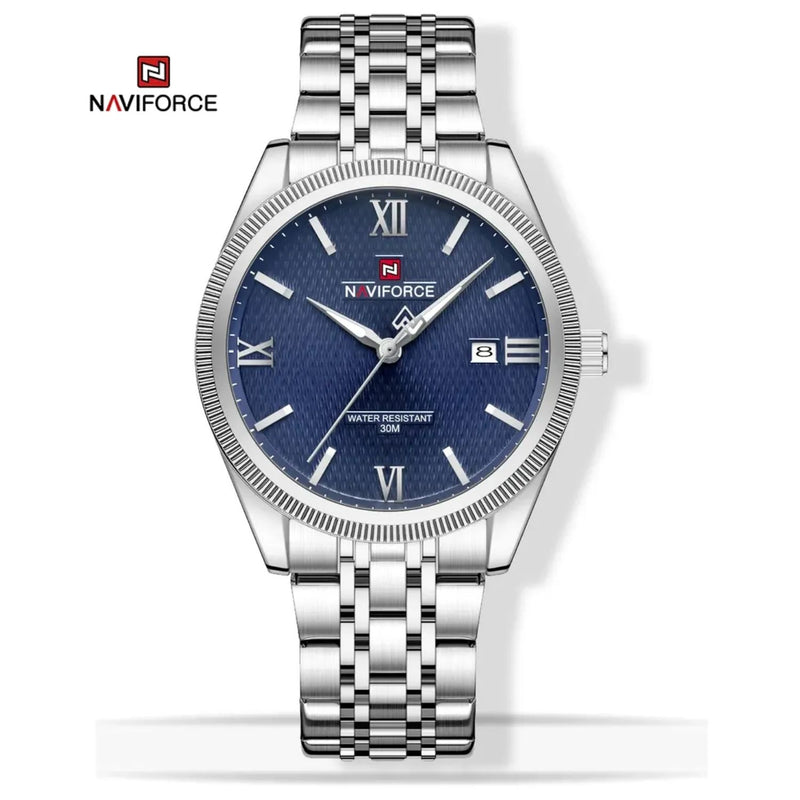 Reloj Naviforce de Acero Inoxidable Color Plata Azul con Movimiento Japonés Seiko VX32, Calendario, Diámetro de 40 mm y Resistencia al Agua 3 ATM