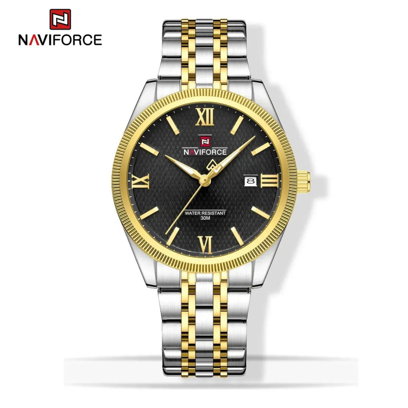 Reloj Naviforce de Acero Inoxidable Color Dorado con Movimiento Japonés Seiko VX32, Calendario, Diámetro de 40 mm y Resistencia al Agua 3 ATM