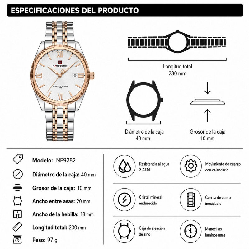 Reloj Naviforce de Acero Inoxidable Color Plata Rosa con Movimiento Japonés Seiko VX32, Calendario, Diámetro de 40 mm y Resistencia al Agua 3 ATM