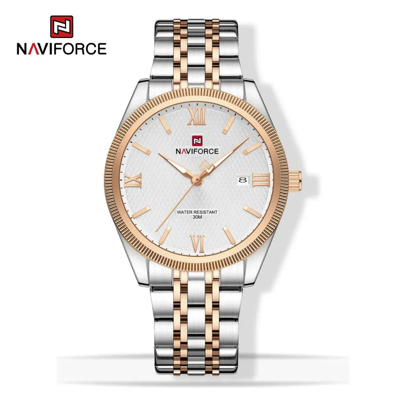 Reloj Naviforce de Acero Inoxidable Color Plata Rosa con Movimiento Japonés Seiko VX32, Calendario, Diámetro de 40 mm y Resistencia al Agua 3 ATM