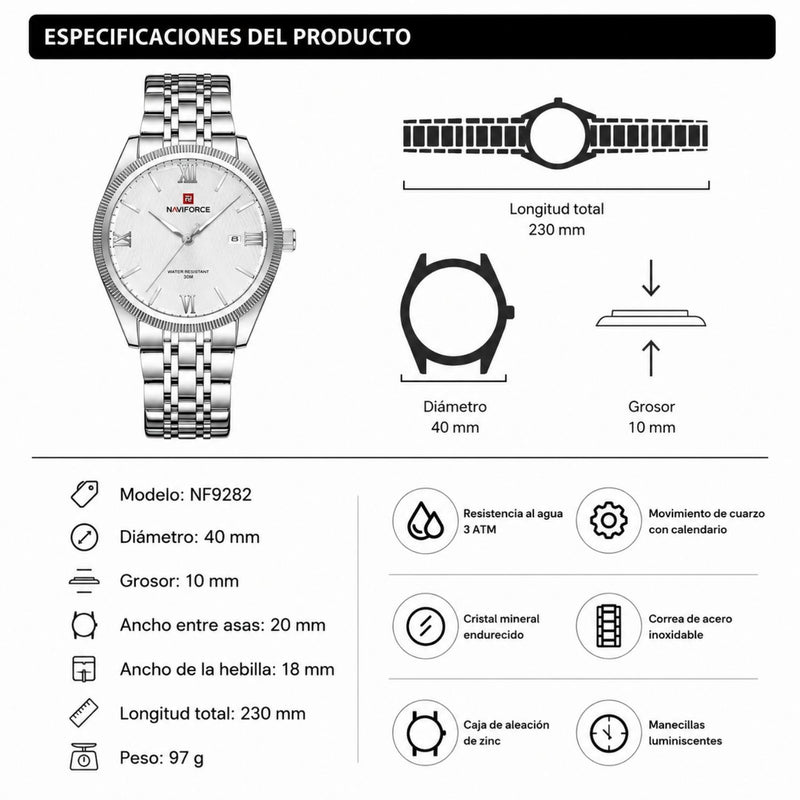 Reloj Naviforce de Acero Inoxidable Color Plata con Movimiento Japonés Seiko VX32, Calendario, Diámetro de 40 mm y Resistencia al Agua 3 ATM