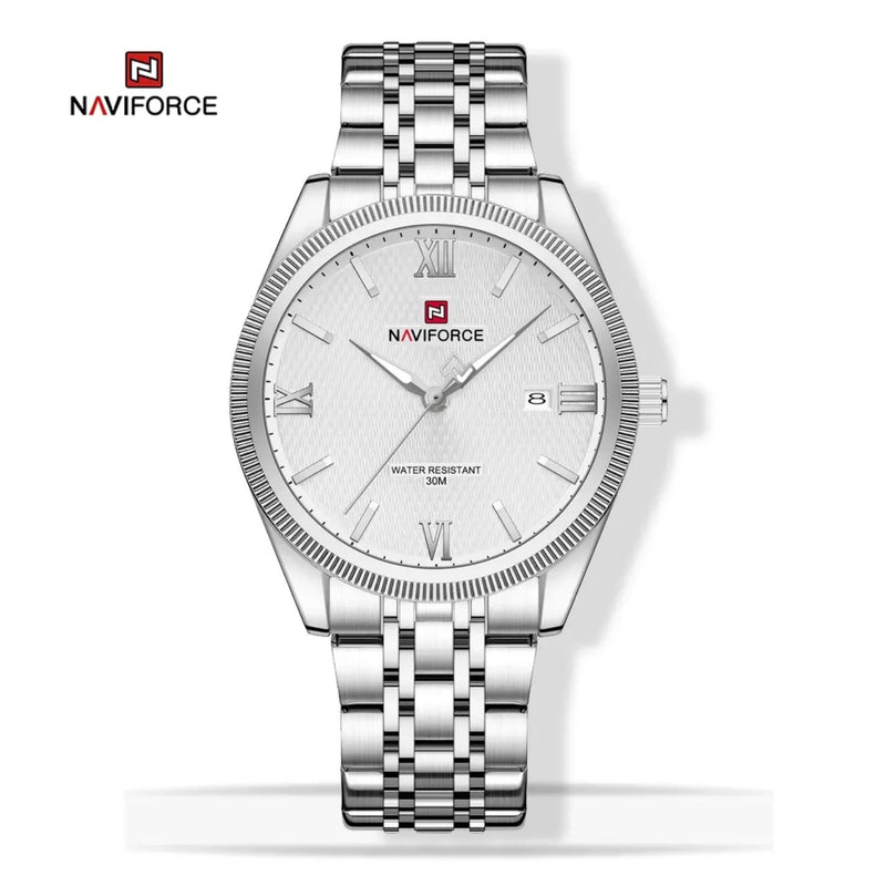 Reloj Naviforce de Acero Inoxidable Color Plata con Movimiento Japonés Seiko VX32, Calendario, Diámetro de 40 mm y Resistencia al Agua 3 ATM