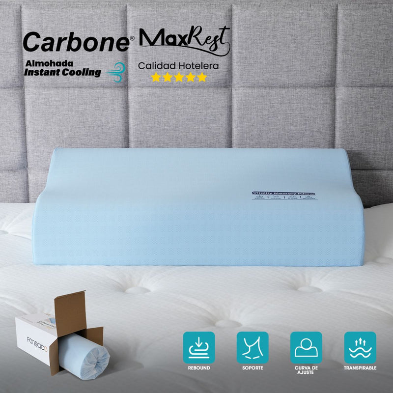 Almohada Cervical Azul Carbone MaxRest. Memory Foam Hipoalergénica con Enfriamiento Instantáneo y Curva Ergonómica. Calidad Hotelera 5 Estrellas.