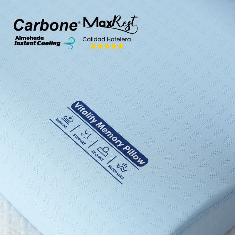 Almohada Cervical Azul Carbone MaxRest. Memory Foam Hipoalergénica con Enfriamiento Instantáneo y Curva Ergonómica. Calidad Hotelera 5 Estrellas.