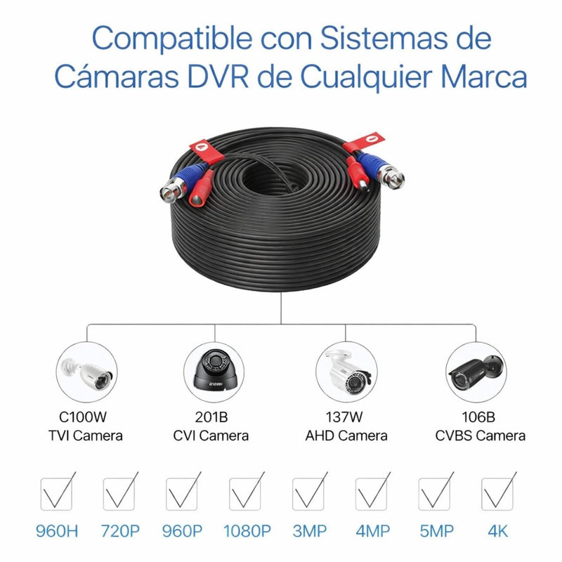 Cable BNC 30 Metros (100FT) para Cámaras de Seguridad CCTV, Transmisión de Video Estable para Sistemas DVR
