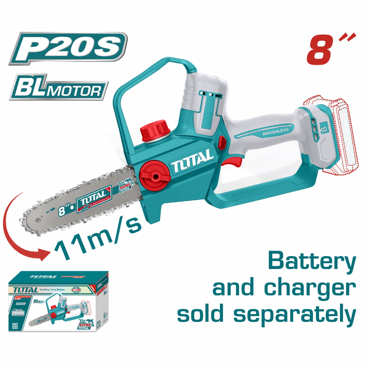 Motosierra de 8" 20V Motor sin escobillas. Batería y cargador por separado.