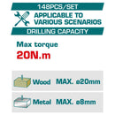 Juego de Herramientas con Taladro Inalámbrico 20Nm 12V. (Set de148 Piezas). Mandril 10 mm. Incluye Batería 1.5Ah y Carga USB Tipo-C.