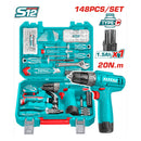 Juego de Herramientas con Taladro Inalámbrico 20Nm 12V. (Set de148 Piezas). Mandril 10 mm. Incluye Batería 1.5Ah y Carga USB Tipo-C.