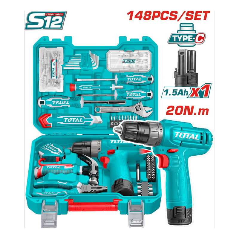 Juego de Herramientas con Taladro Inalámbrico 20Nm 12V. (Set de148 Piezas). Mandril 10 mm. Incluye Batería 1.5Ah y Carga USB Tipo-C.