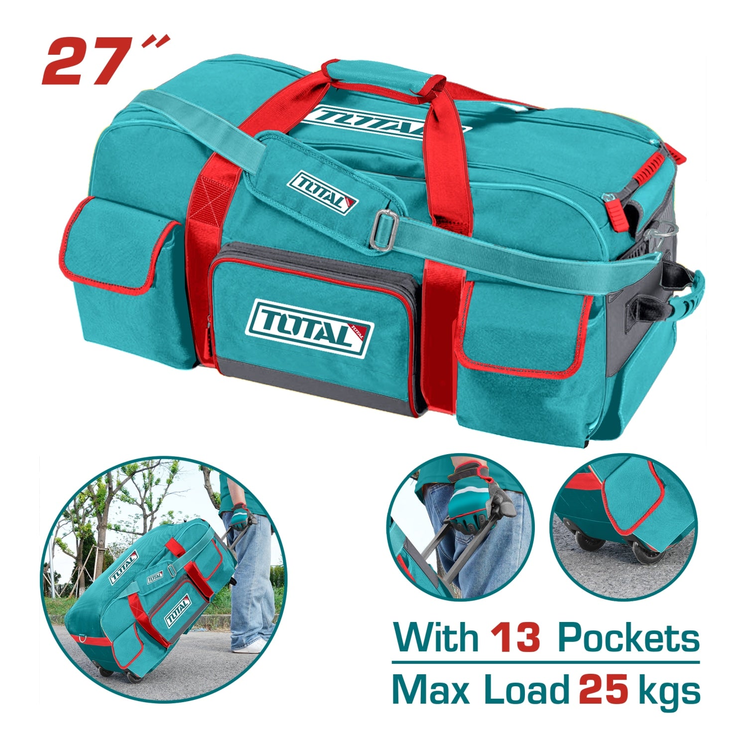Bolsa de Herramientas con Ruedas 27″. Capacidad 25 kg. Mango Telescópico y Múltiples Bolsillos.