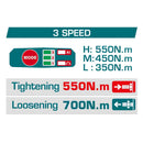 Llave Impacto Dado Cuadrado 1/2" 20V 555Nm. Motor sin escobillas. Batería y Cargador por separado.