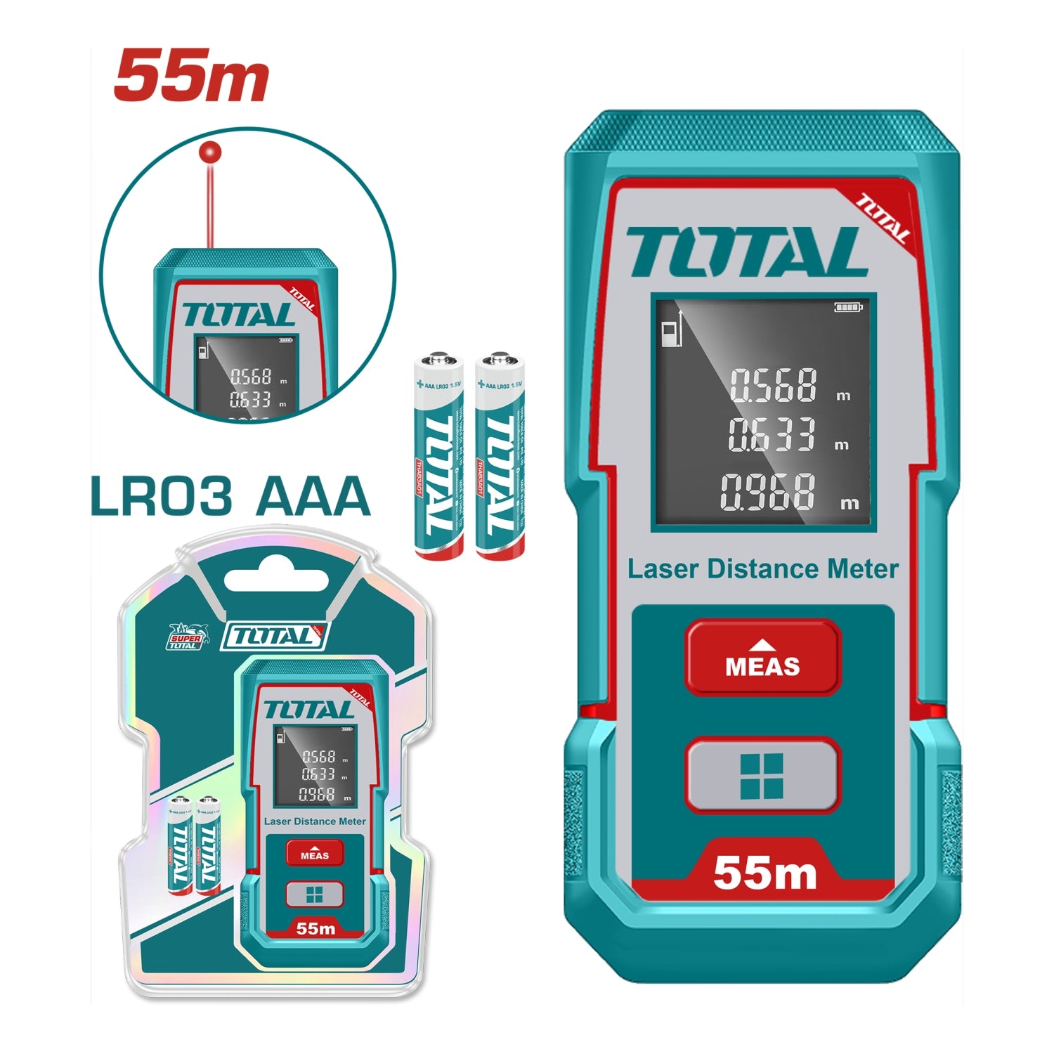 Medidor Láser Rango 0.05–55 Mts. Exactitud ±2.0 mm. 635 nm <1 mW. Baterías AAA.