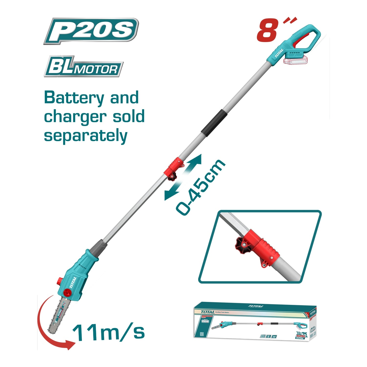 Sierra de Podar Telescópica Inalámbrica 20V. Motor sin Escobillas. Barra de 8″. Alcance de 2 m. No Incluye Batería ni Cargador. Podadora de Altura.