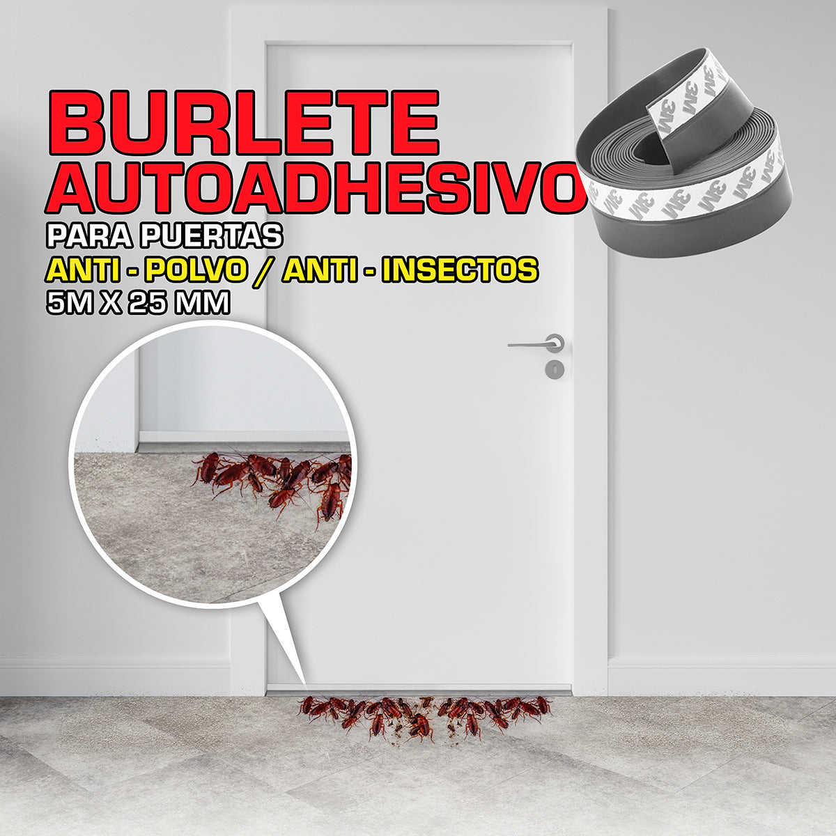 Goma guardapolvos burlete autoadhesivo para puertas, antipolvo antinsectos. 5mts x 25 mm (1")