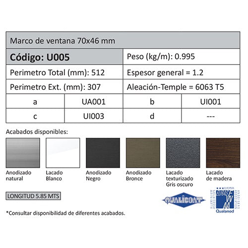 Marco Liviano Fijo Ventana 70 mm. Espesor 1.2 mm. Largo 5.85 mts.