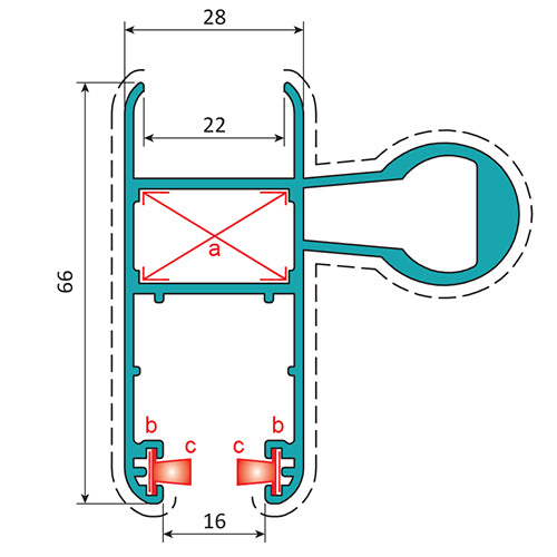 Perfil Liviano Hoja Perimetral de 28x66 HV 22 mm con Refuerzo. Espesor 1.2 mm. Largo 5.85 mts