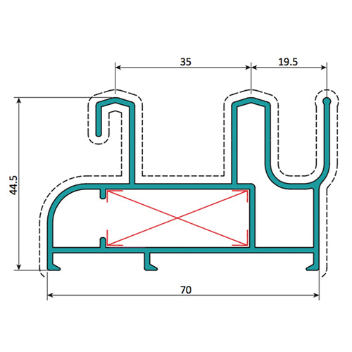 Marco Liviano Perimetral 2 Carriles 70 mm con riel mosquitero. Espesor 1.2 mm. Largo 5.85 mts.