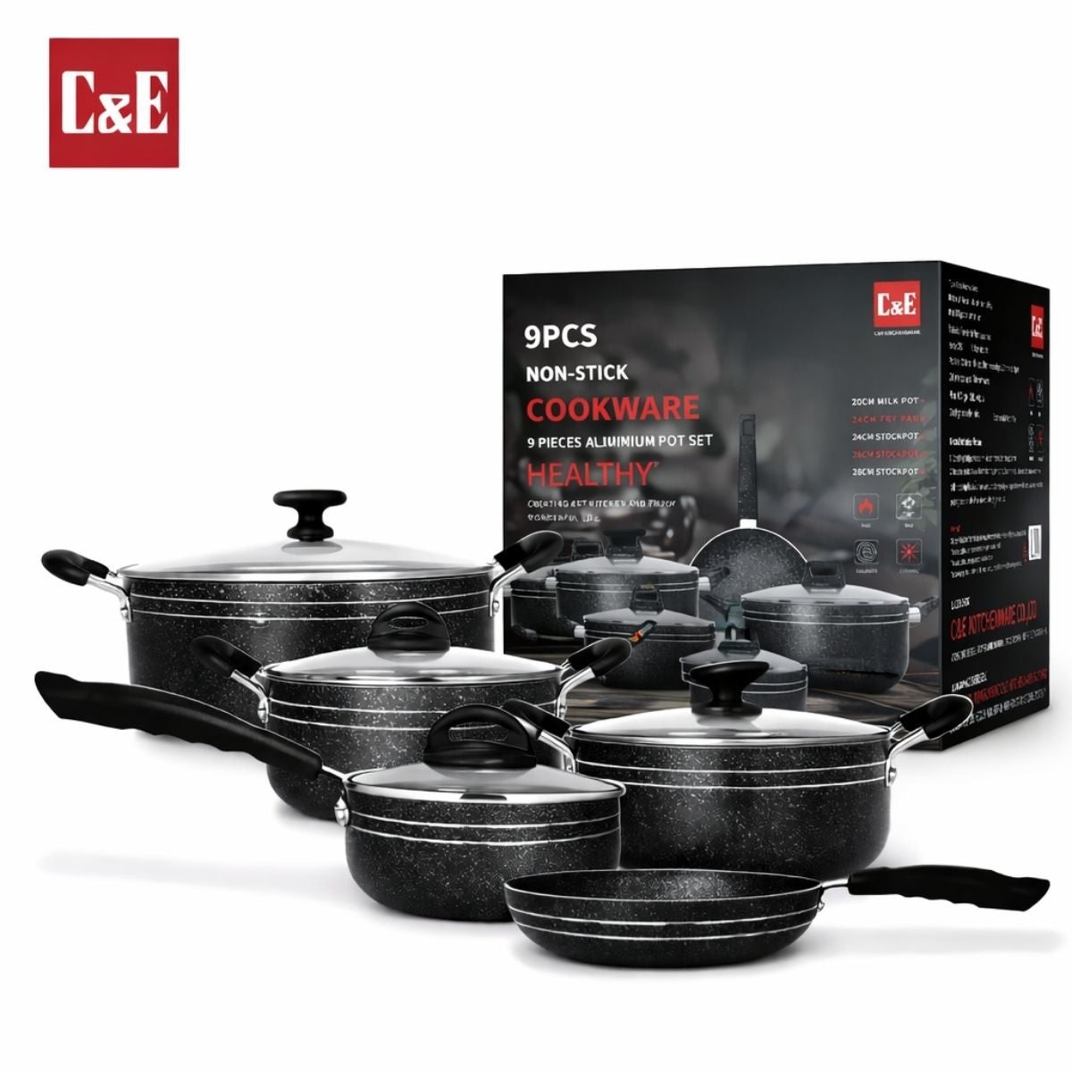 Ollas y Sartenes Antiadherentes Con Tapas de Vidrio y Mangos de Baquelita, Cocina Saludable y Fácil Limpieza. Set de 9 piezas. 2.2mm Grosor. Color Negro.