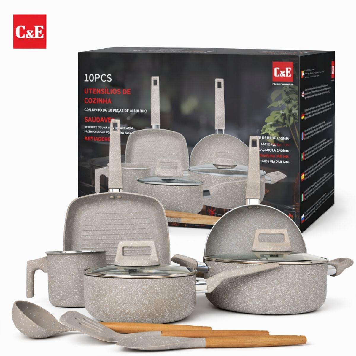 Ollas, Sartenes Antiadherentes con Recubrimiento Cerámico y Espesor 2.2 mm. Set de Cocina de 10 Piezas (Incluye Utensilios). Color Beige