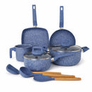 Ollas, Sartenes Antiadherentes con Recubrimiento Cerámico y Espesor 2.2 mm. Set de Cocina de 10 Piezas (Incluye Utensilios). Color Azul
