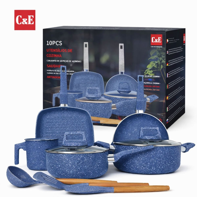 Ollas, Sartenes Antiadherentes con Recubrimiento Cerámico y Espesor 2.2 mm. Set de Cocina de 10 Piezas (Incluye Utensilios). Color Azul