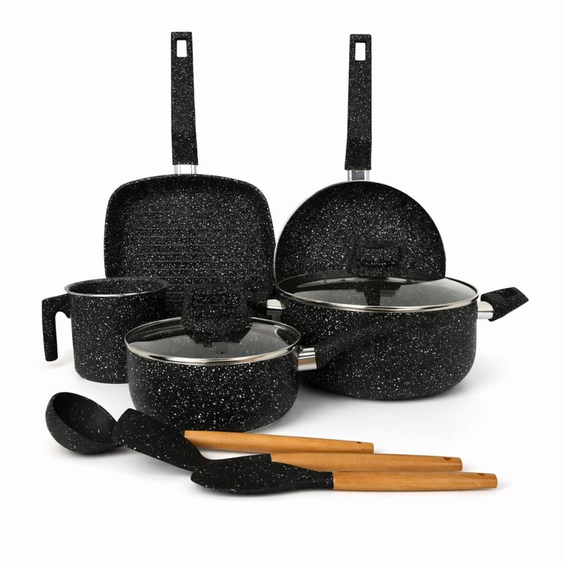 Ollas, Sartenes Antiadherentes con Recubrimiento Cerámico y Espesor 2.2 mm. Set de Cocina de 10 Piezas (Incluye Utensilios). Color Negro