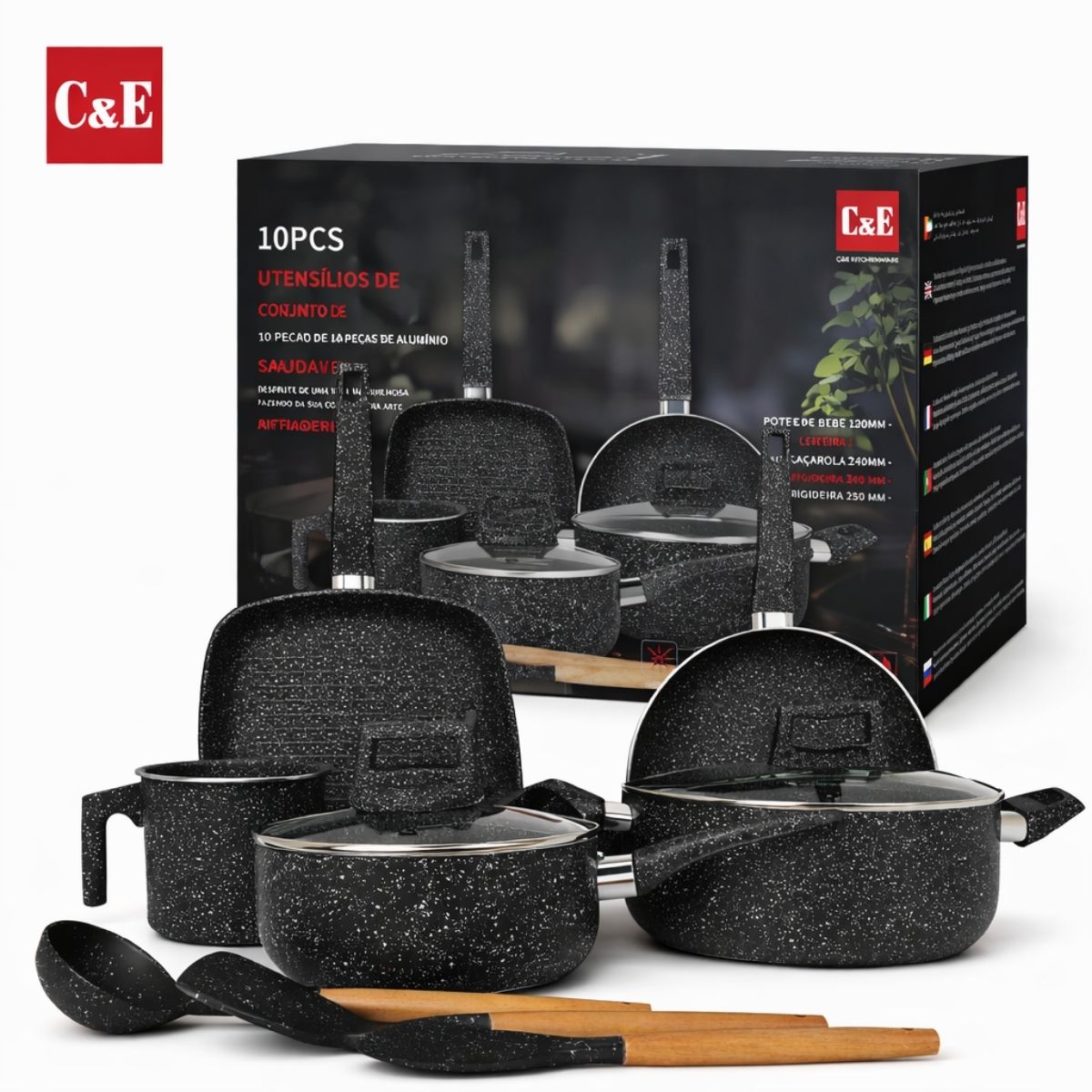 Ollas, Sartenes Antiadherentes con Recubrimiento Cerámico y Espesor 2.2 mm. Set de Cocina de 10 Piezas (Incluye Utensilios). Color Negro