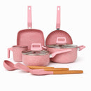Ollas, Sartenes Antiadherentes con Recubrimiento Cerámico y Espesor 2.2 mm. Set de Cocina de 10 Piezas (Incluye Utensilios). Color Rosa