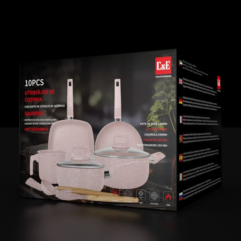 Ollas, Sartenes Antiadherentes con Recubrimiento Cerámico y Espesor 2.2 mm. Set de Cocina de 10 Piezas (Incluye Utensilios). Color Rosa