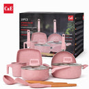 Ollas, Sartenes Antiadherentes con Recubrimiento Cerámico y Espesor 2.2 mm. Set de Cocina de 10 Piezas (Incluye Utensilios). Color Rosa